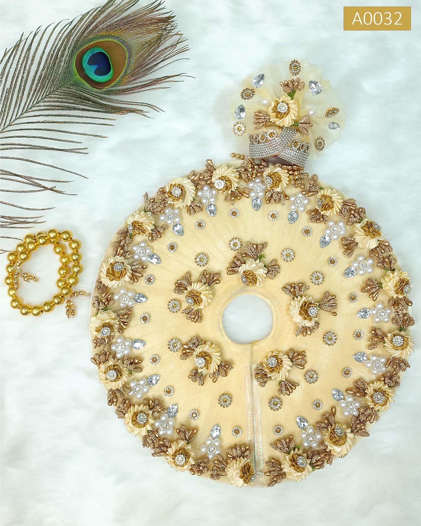 Beautiful Golden Festive Designer Poshak with Mala and Pagdi for Laddu Gopal Ji - A0032